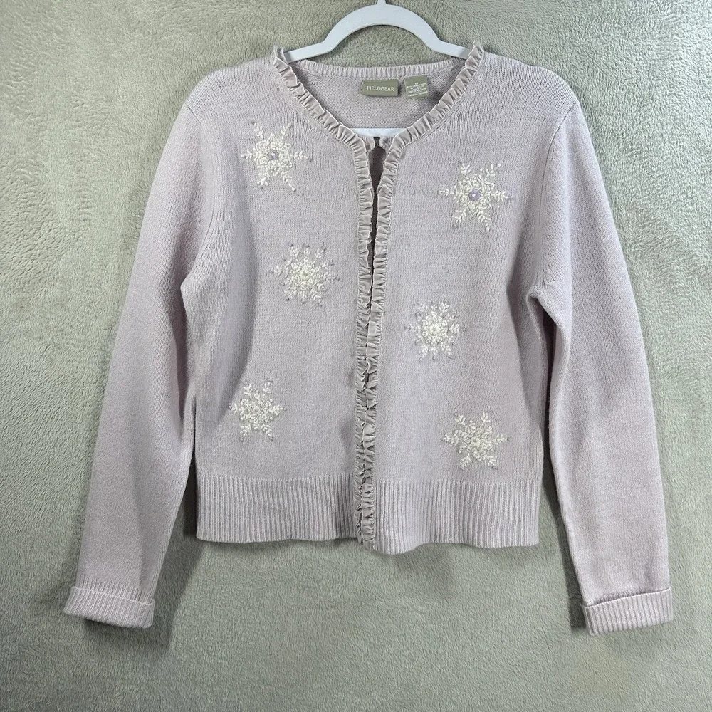 Field Gear Lambswool Lavender Knit Embroidered Women's Sweater Size‎ M Vintage